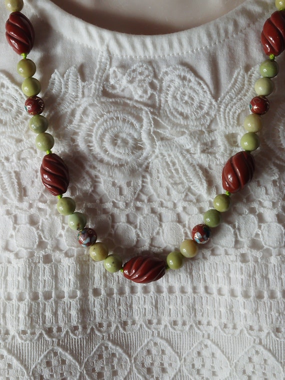 Vintage 1920s Style Carved Red Agate, Chrysoprase… - image 4