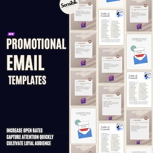 Peut inclure: Une liste de produits numériques pour des modèles d'e-mails promotionnels. L'image montre un collage de plusieurs pages avec le texte "E-mails promotionnels" et "Table des matières".
