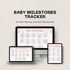 Cuadro digital de hitos y desarrollo del bebé, lista de verificación para bebés, desarrollo del bebé por mes, guía de salud mental para madres, seguimiento del progreso