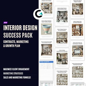 May include: A digital marketing success pack for interior designers. The pack includes contracts, marketing, and growth plan templates. The image shows a variety of documents with titles such as "Interior Design Marketing Funnel Tracking Template", "Interior Design Contracts and Legal Templates", and "Design Client Follow-Up Email Sequence Template".