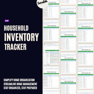 May include: A digital printable spreadsheet for creating a household inventory list. The spreadsheet has columns for item name, description, quantity, purchase date, purchase price, and location. The text "Home Inventory List" appears at the top of the spreadsheet.