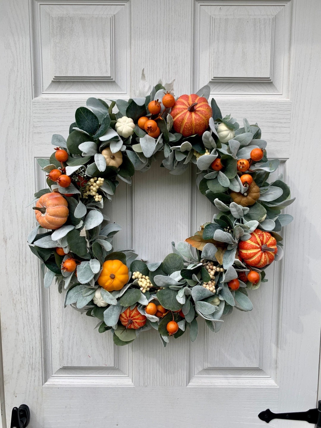 Fall Wreath for Front Door With Lambs Ear, Pumpkin, and Autumn Floral ...