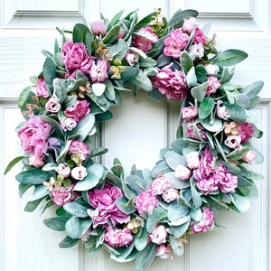 Lambs ear wreath with eucalyptus, pink roses, peonies and ranuculus. Spring wreath summer wreath