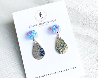 Pink and blue earrings, cotton candy earrings, silver teardrop earrings, boho dangle earrings, faux pearl and silver earrings, Spring 2024