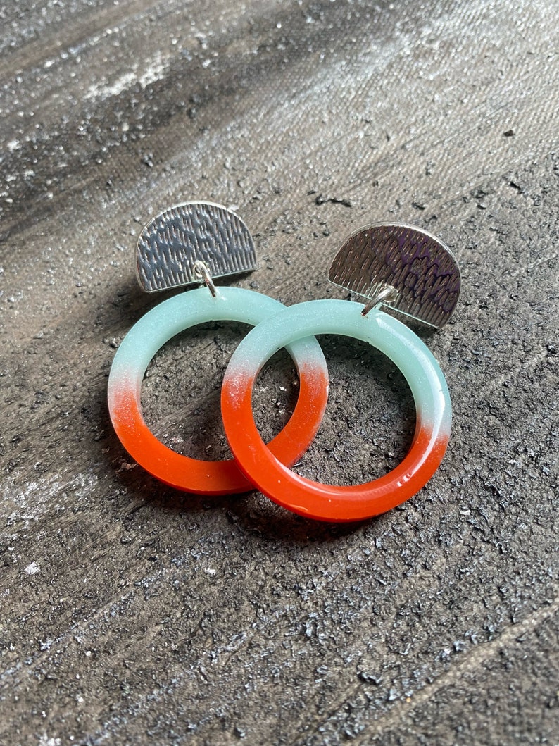 Turquoise and orange earrings, colorful hoop earrings, nautical earrings resin, summer earrings 2023, vibrant hoop earrings, bold earrings image 4