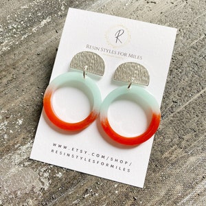 Turquoise and orange earrings, colorful hoop earrings, nautical earrings resin, summer earrings 2023, vibrant hoop earrings, bold earrings image 1