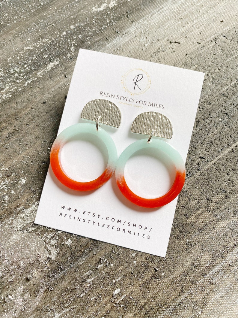 Turquoise and orange earrings, colorful hoop earrings, nautical earrings resin, summer earrings 2023, vibrant hoop earrings, bold earrings image 1