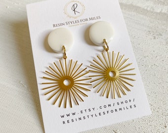 Gold sun dangle earrings, white and gold sun earrings, starburst earrings gold, firework earrings, gold celestial earrings dangle