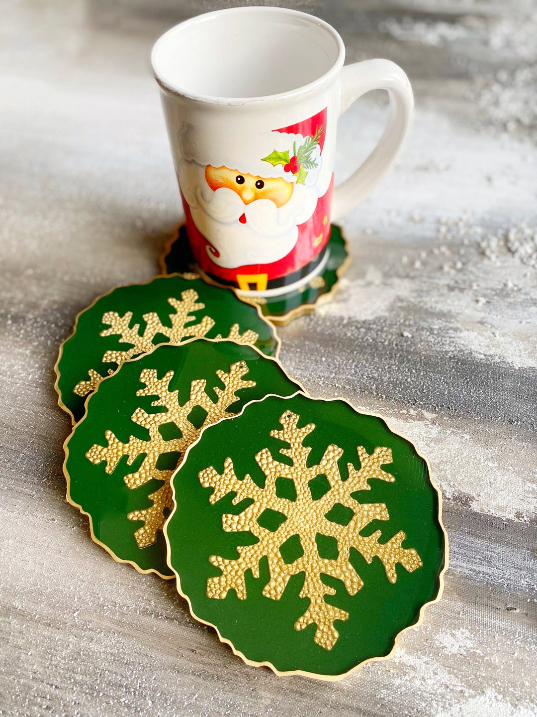 Snowflake Coaster Green and Gold Coaster Emerald Green Etsy