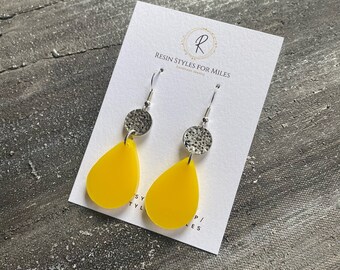 Bright yellow teardrop earrings, yellow and silver resin earrings, sunshine earrings, bright resin earrings, summer earrings 2023