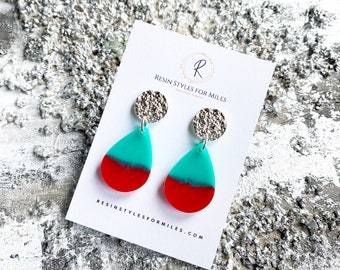 Colourful teardrop earrings, turquoise and red drop earrings, teal and red drop earrings, vibrant teardrop earrings, colourful resin earring