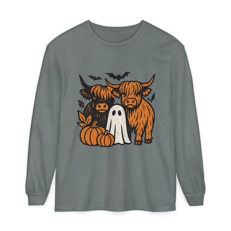 Highland Cows Ghost Long Sleeve Comfrt Colors T-Shirt image 7