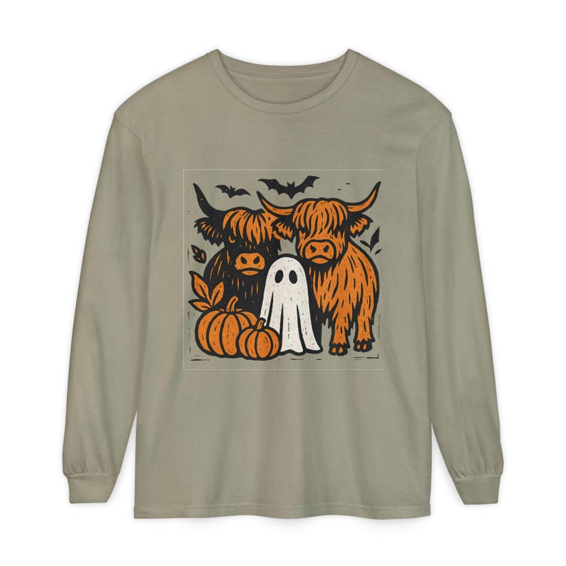 Highland Cows Ghost Long Sleeve Comfrt Colors T-Shirt image 1