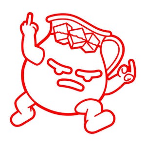 Pode incluir: Ilustração a traço vermelho de um jarro com cubos de gelo, mostrando o dedo do meio com ambas as mãos. O jarro tem uma expressão zangada e está andando.
