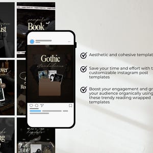 May include: Aesthetic Instagram post templates for book lovers. The image shows a smartphone displaying templates with text like "Gothic Standalones" and "TBR List." The templates are designed to boost engagement and grow your audience.