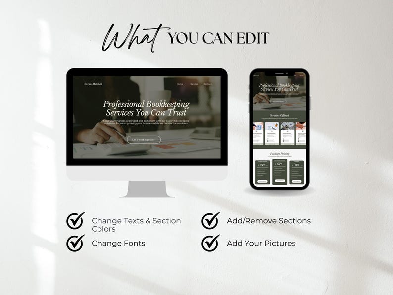K&ouml;nnte beinhalten: Ein Computermonitor und ein Smartphone zeigen ein Website-Design f&uuml;r professionelle Buchhaltungsdienstleistungen. Der Text "What You Can Edit" steht oben. Das Bild zeigt auch Optionen zum &Auml;ndern von Text, Farben, Schriftarten, zum Hinzuf&uuml;gen/Entfernen von Abschnitten und zum Hinzuf&uuml;gen von Bildern.