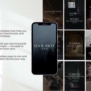 以下が含まれることがあります： スマートフォンには、書籍関連のソーシャルメディアコンテンツ用のテンプレートを備えた「Book Shelf Tour」グラフィックが表示されています。画像には「Guess That Book」や「Cozy Reading Setup」などのテキストが含まれています。