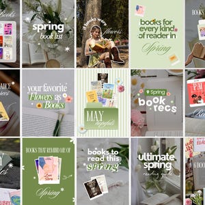 May include: A digital collage of fifteen book-themed social media graphics featuring various book covers, floral arrangements, open books, and text overlays such as Spring Books, Spring Book List, and Spring Reading Guide in various fonts.