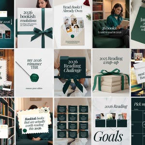 May include: A collage of images with a dark teal and white color scheme, centered around reading and books. The images include text such as "2026 bookish resolutions", "2026 Reading Challenge", and "2026 most anticipated Book Releases".
