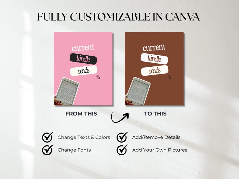 May include: A digital template graphic featuring the text FULLY CUSTOMIZABLE IN CANVA, FROM THIS, and TO THIS. Two rectangular designs display the text current kindle reads with a cursor icon. Checkmarks indicate options to change texts, colors, fonts, add or remove details, and add your own pictures.