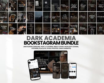 May include: A digital bundle featuring numerous dark-themed social media templates for book lovers, including Instagram stories, reels covers, and highlight icons. The display shows a laptop and three smartphones showcasing the templates.