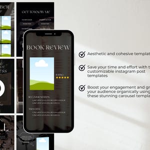以下が含まれることがあります： スマートフォンには、本のレビューや読書チャレンジ用のInstagram投稿テンプレートが表示されています。テンプレートは、「Book Review」や「Reading Challenge Progress」などのテキストを使用した、クリーンでミニマルなデザインです。画像には、チェックマークとテンプレートを宣伝するテキストも含まれています。