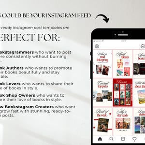 Puede incluir: Un tel&eacute;fono inteligente muestra plantillas de publicaciones de Instagram con portadas y t&iacute;tulos de libros. El texto en la parte superior dice "THIS COULD BE YOUR INSTAGRAM FEED". Las plantillas est&aacute;n dise&ntilde;adas para bookstagrammers, autores, amantes de los libros, due&ntilde;os de tiendas y nuevos creadores.