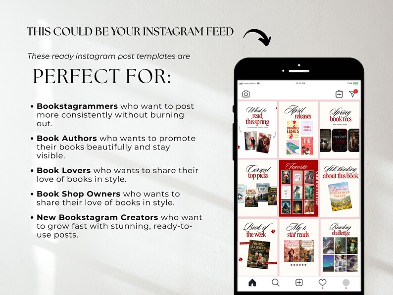 Puede incluir: Un tel&eacute;fono inteligente muestra plantillas de publicaciones de Instagram con portadas y t&iacute;tulos de libros. El texto en la parte superior dice "THIS COULD BE YOUR INSTAGRAM FEED". Las plantillas est&aacute;n dise&ntilde;adas para bookstagrammers, autores, amantes de los libros, due&ntilde;os de tiendas y nuevos creadores.