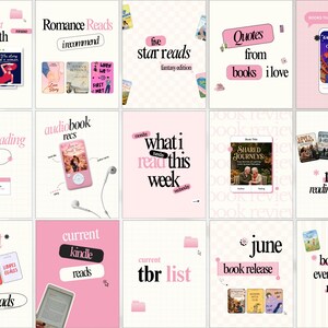 Puede incluir: Un collage rosa y blanco con gráficos relacionados con libros. Los títulos incluyen "book wishlist this month", "Romance Reads", "five star reads" y "Quotes from books I love". Se ven varias portadas de libros.