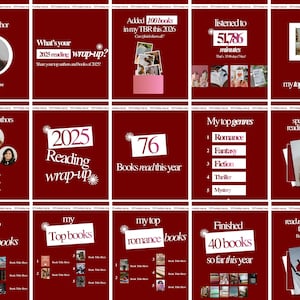 May include: A series of red graphic designs with white text and images, displaying reading statistics for 2025. Includes "My top author," "2025 Reading wrap-up," and "My top genres."