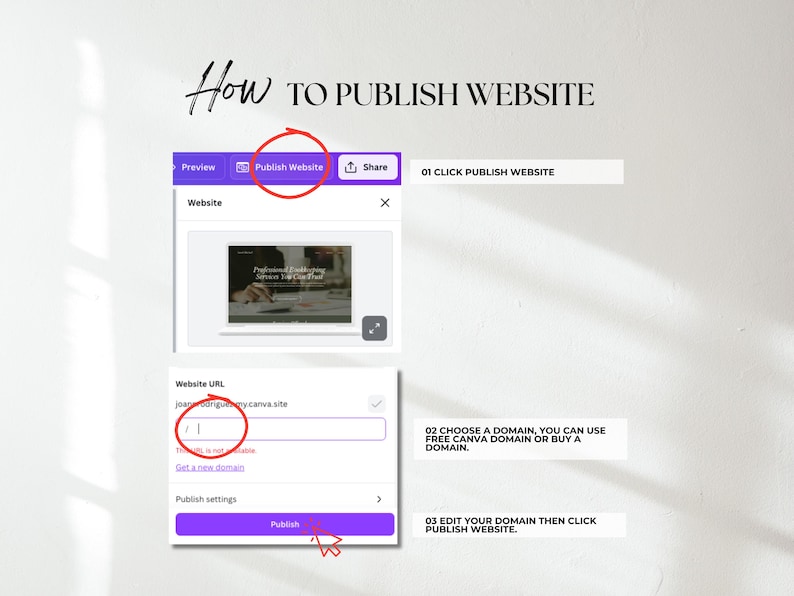 K&ouml;nnte beinhalten: Eine Anleitung zum Ver&ouml;ffentlichen einer Website. Die Schritte umfassen das Klicken auf "Website ver&ouml;ffentlichen", die Auswahl einer Domain und die Bearbeitung der Domain vor der Ver&ouml;ffentlichung. Der Text lautet "How to Publish Website".