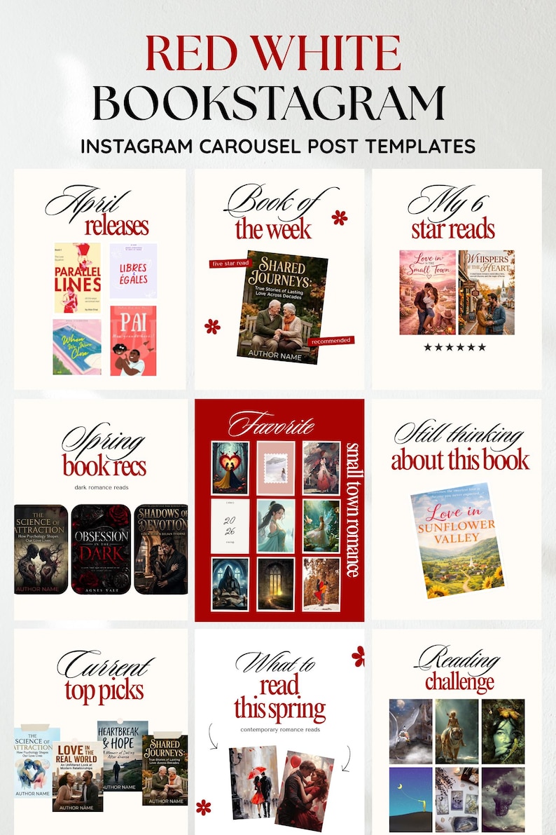 Bookstagram Template Canva Romance Carousel Post Kit Trendy Red White BookTok Templates Editable Reading Tracker Book Review Kit