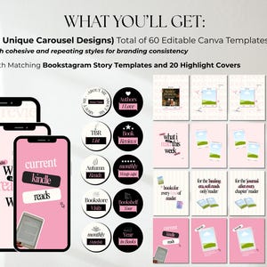 May include: A digital product set featuring 15 carousel designs, 60 editable Canva templates, and 20 highlight covers. The display includes three smartphones showing pink interface designs with text like current kindle reads and various circular icons.