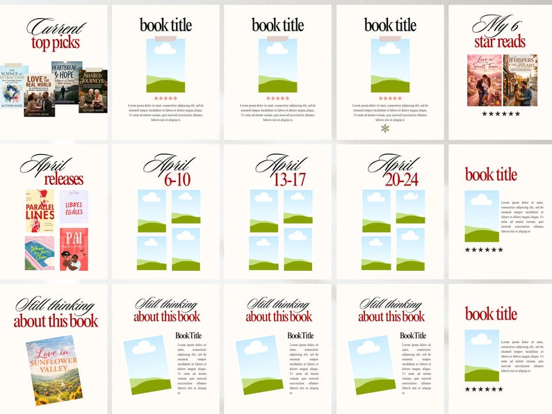 Puede incluir: Un gr&aacute;fico promocional con portadas de libros y texto. La secci&oacute;n superior muestra "Current top picks" con portadas de libros. La secci&oacute;n del medio muestra "April releases" y fechas. La secci&oacute;n inferior dice "Still thinking about this book" con una portada de libro.