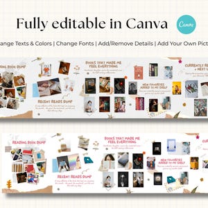 May include: A Canva template with the text "Fully editable in Canva". The design features collages of book covers and photos, with text labels like "Reading Book Dump" and "Books That Made Me Feel Everything".