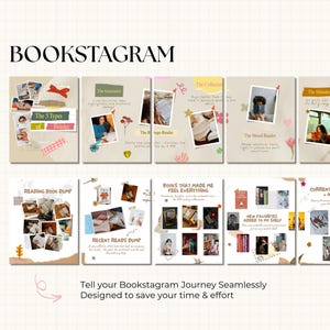 May include: A digital graphic design featuring a "Bookstagram" theme with the text "4 SEAMLESS CAROUSEL". The design includes various book-related images and text, such as "The 5 Types of Reader" and "Reading Book Dump". The text "Tell your Bookstagram Journey Seamlessly" is also present.