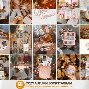 May include: A collection of fifteen social media templates featuring autumn-themed imagery, including fallen leaves, books, coffee cups, and text overlays such as Currently reading, Mini Book Review, September reads, and December TBR.