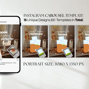 May include: An Instagram carousel template set featuring 15 unique designs and 60 total templates in a 1080 x 1350 px portrait size. The graphics display text including book tropes perfect for fall, small town romance, enemies to lovers, and friends to lovers.