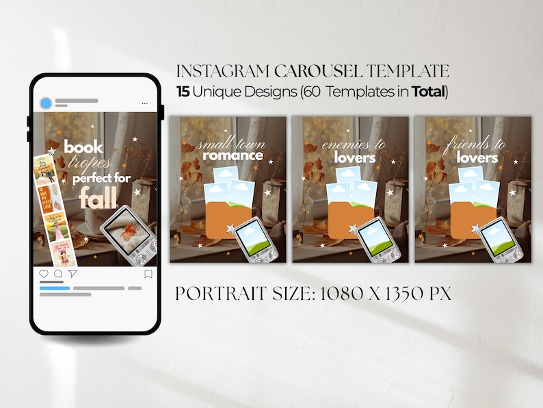 May include: An Instagram carousel template set featuring 15 unique designs and 60 total templates in a 1080 x 1350 px portrait size. The graphics display text including book tropes perfect for fall, small town romance, enemies to lovers, and friends to lovers.