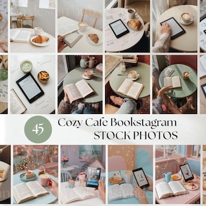 May include: A collection of 16 images featuring e-readers, books, and coffee cups in a cozy cafe setting. The images showcase various arrangements with croissants, cakes, and other cafe elements. The text "45 Cozy Cafe Bookstagram STOCK PHOTOS" is visible.