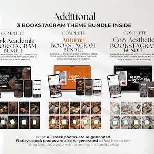 May include: A digital marketing bundle featuring three themes: Dark Academia, Autumn, and Cozy Aesthetic. Each set includes Instagram carousel posts, stories, reels covers, highlight covers, stickers, flatlays, and stock photos for social media.