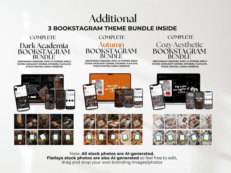 May include: A digital marketing bundle featuring three themes: Dark Academia, Autumn, and Cozy Aesthetic. Each set includes Instagram carousel posts, stories, reels covers, highlight covers, stickers, flatlays, and stock photos for social media.