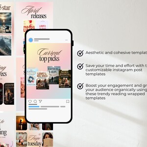 Pode incluir: Modelos de posts est&eacute;ticos do Instagram com recomenda&ccedil;&otilde;es de livros. A tela do telefone exibe "Current top picks" com capas de livros. Outros pain&eacute;is mostram "5 star reads", "April releases", "Spring book recs" e "What to read this spring".