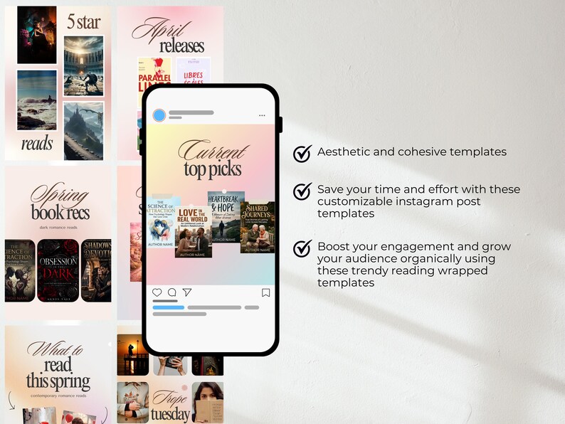 Pode incluir: Modelos de posts est&eacute;ticos do Instagram com recomenda&ccedil;&otilde;es de livros. A tela do telefone exibe "Current top picks" com capas de livros. Outros pain&eacute;is mostram "5 star reads", "April releases", "Spring book recs" e "What to read this spring".