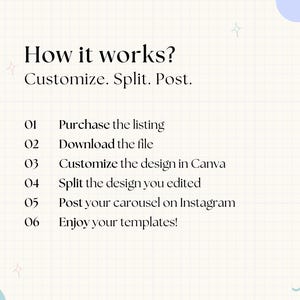May include: A light beige graphic with the text "How it works? Customize. Split. Post." followed by numbered steps: Purchase the listing, Download the file, Customize the design in Canva, Split the design you edited, Post your carousel on Instagram, and Enjoy your templates!