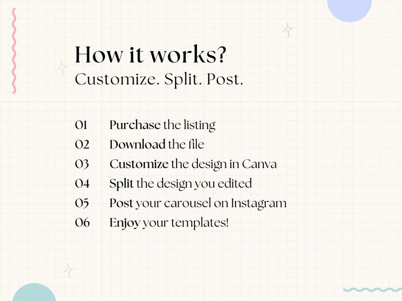 May include: A light beige graphic with the text "How it works? Customize. Split. Post." followed by numbered steps: Purchase the listing, Download the file, Customize the design in Canva, Split the design you edited, Post your carousel on Instagram, and Enjoy your templates!