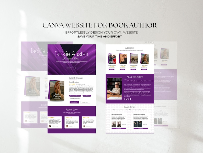May include: A website design for a book author, with a purple and white color scheme. The website includes sections for the author's latest book, all books, and reader reviews. Text on the website includes "CANVA WEBSITE FOR BOOK AUTHOR" and "SAVE YOUR TIME AND EFFORT."
