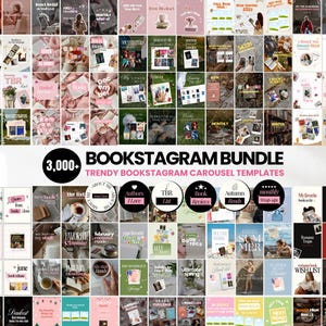 May include: A digital collection of 3,000+ Bookstagram carousel templates featuring diverse layouts, typography, and graphic elements for social media. The display includes various book-themed designs, text overlays, and aesthetic color palettes.