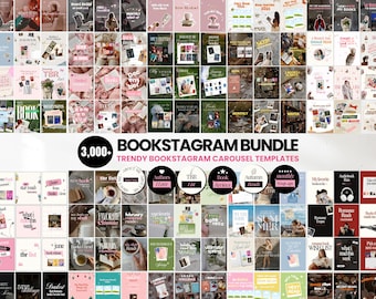 May include: A digital collection of 3,000+ Bookstagram carousel templates featuring diverse layouts, typography, and graphic elements for social media. The display includes various book-themed designs, text overlays, and aesthetic color palettes.