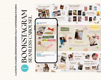 May include: A digital Instagram template with a carousel design, labelled "BOOKSTAGRAM SEAMLESS CAROUSEL". The design includes layouts for book reviews, reader types, and reading lists. The template is fully customisable in Canva.